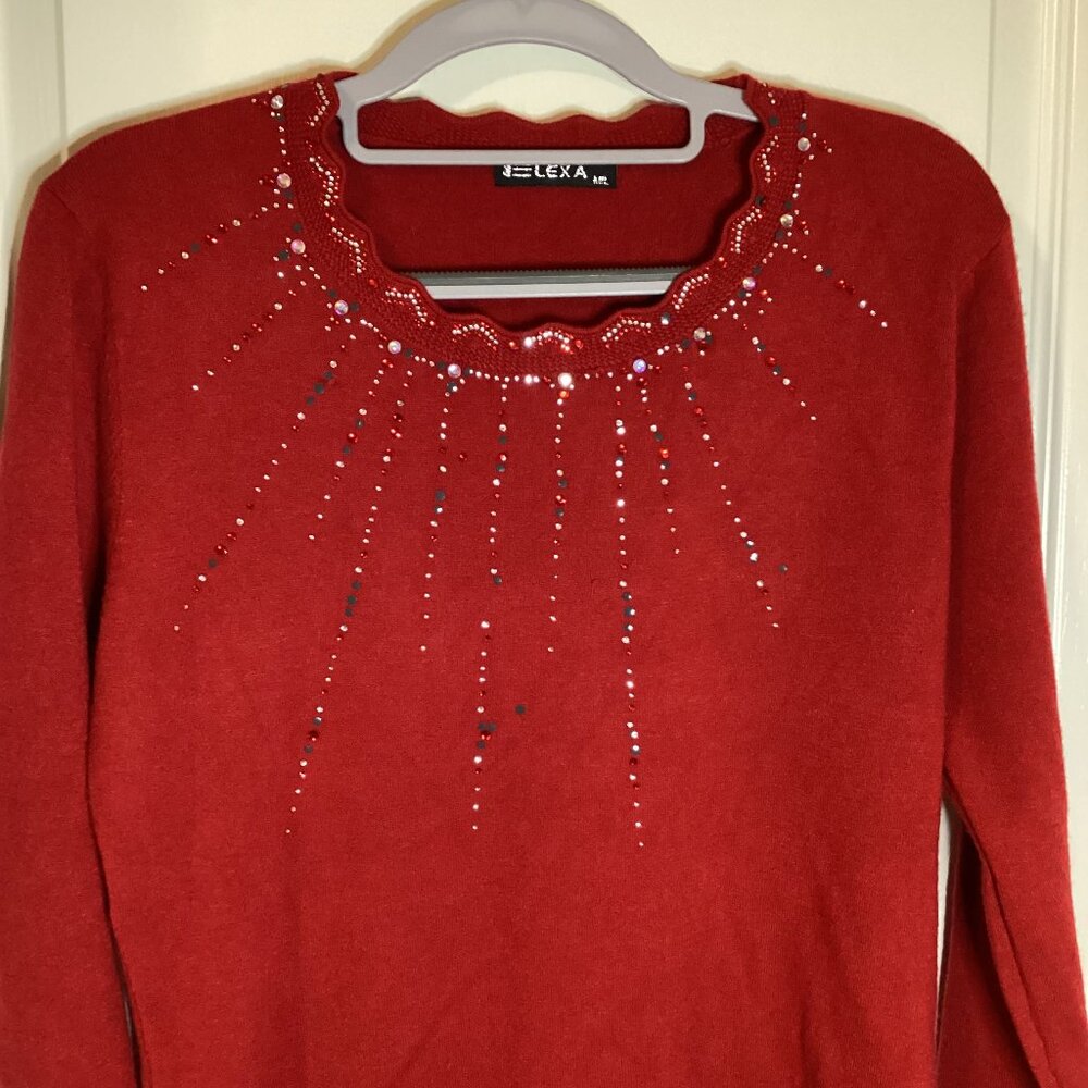 Elexa Women's Red Sweater Size M/L Wool Blend Rhinestones Scalloped Neck Party - Picture 3 of 9